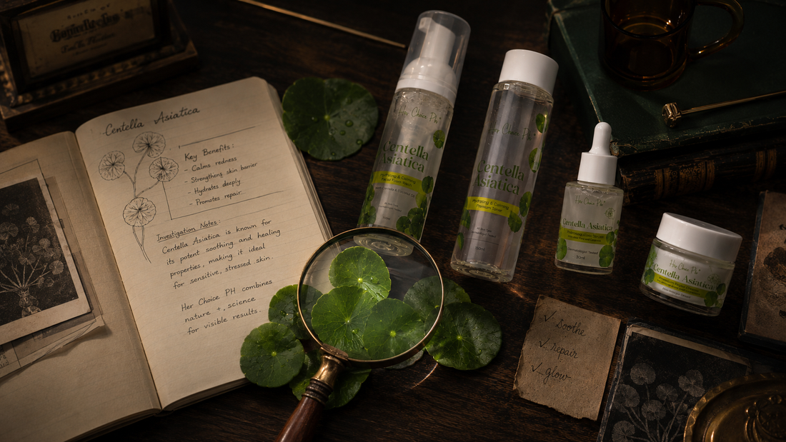Magnifying glass and notebook beside Centella Asiatica leaves and the Her Choice PH Centella Asiatica Premium Repair Facial Set, styled like an investigative feature.