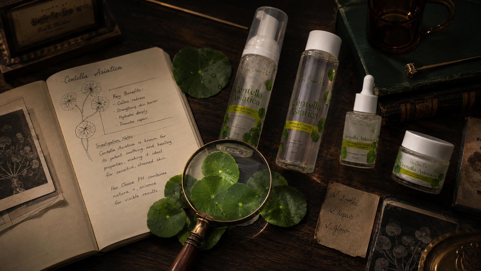 Magnifying glass and notebook beside Centella Asiatica leaves and the Her Choice PH Centella Asiatica Premium Repair Facial Set, styled like an investigative feature.